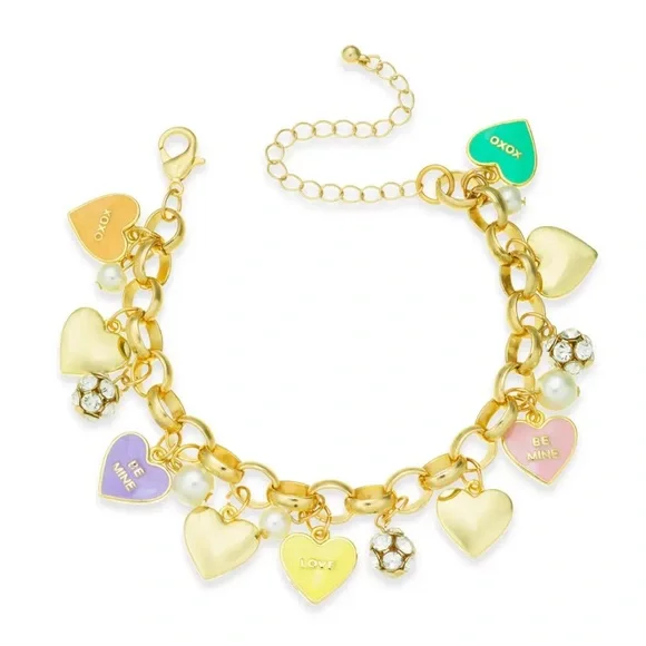 NEW HOLIDAY LANE GOLD-TONE PAVE MULTI CHARM VALENTINE HEART & PEARL BRACELET - Picture 1 of 5